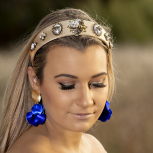 Crystal Bee Headband , Gold-Royal Blue Pearl Drop earrings 1